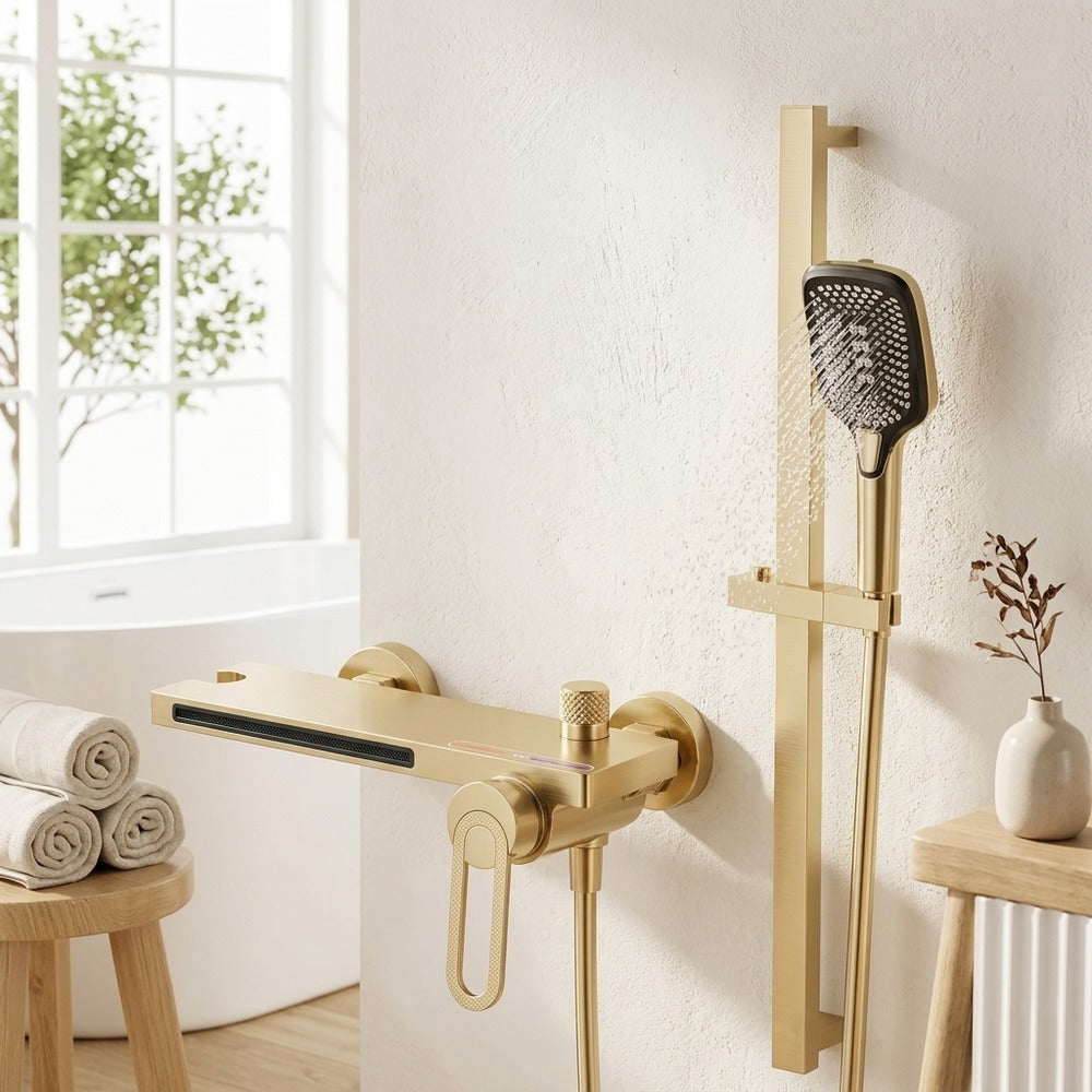 Modern Waterfall Wall-Mount Tub Faucet, Single-Handle Bath Faucet with Handheld Shower, Brushed Gold / Matte Black / Chrome / Matte White / Gunmetal