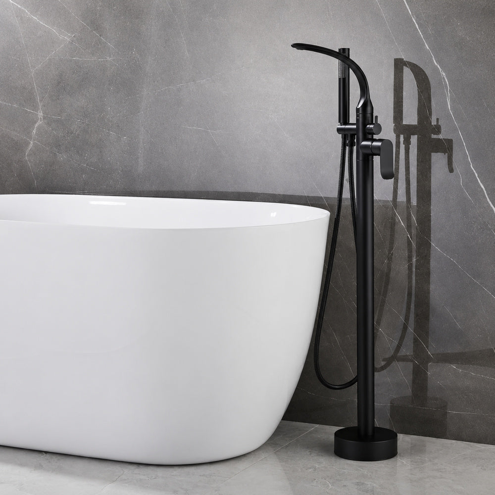 Modern Freestanding Floor-Mount Tub Filler Faucet, Single-Handle Swivel Spout Faucet with Handheld Shower