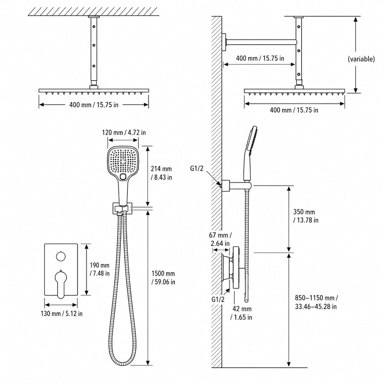 Matte Black Ceiling-Mounted Rainfall Shower System, Complete Wall-Mount Brass Shower Faucet with 3-Function Handheld Shower