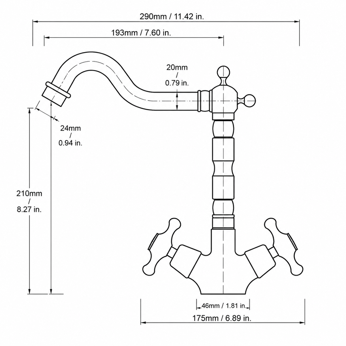 Antique Copper Single-Hole Bathroom Faucet, Dual Cross Handles High Arc Spout Faucet