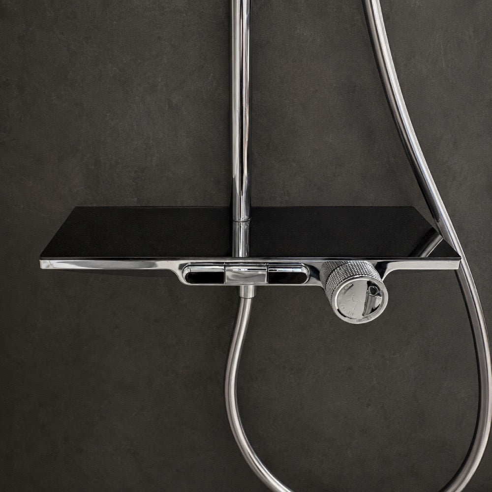 Thermostatic Shower System with Square Rain Shower, Handheld Shower & Shelf, Chrome