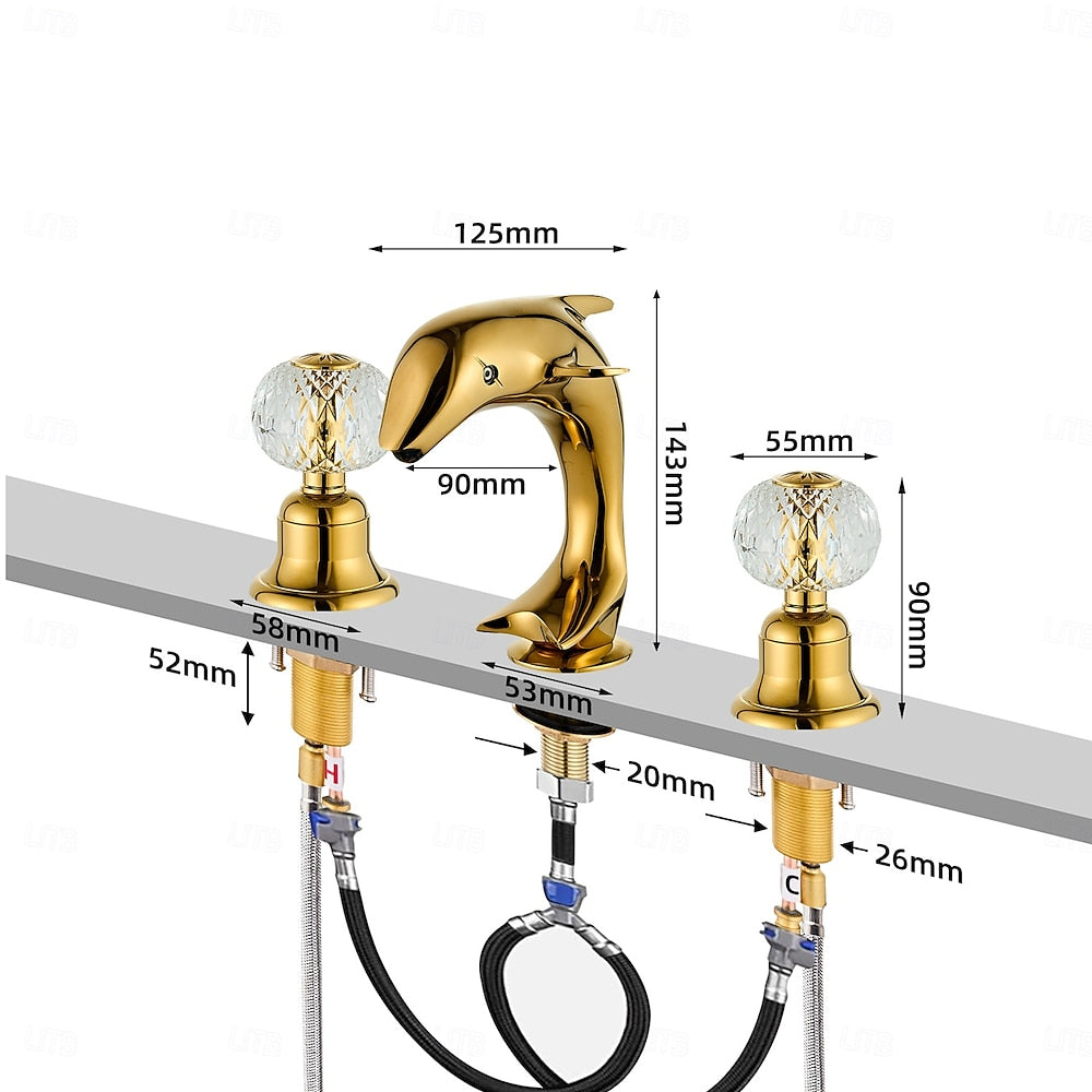 Polished Gold Modern Dolphin Bathroom Faucet, 3-Hole Widespread Sink Faucet with Crystal Knob Handles