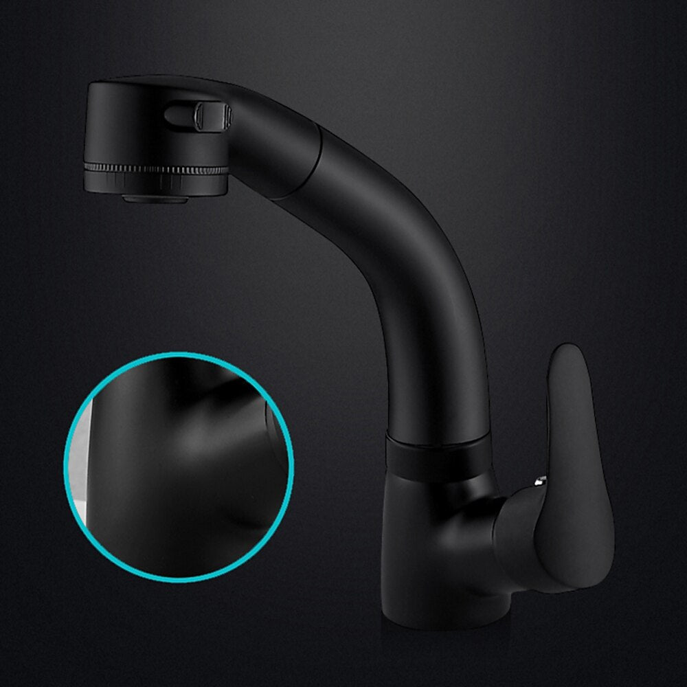 Pull-Out Single-Hole Bathroom Faucet, Single-Handle Liftable Swivel Faucet, Matte Black / Chrome