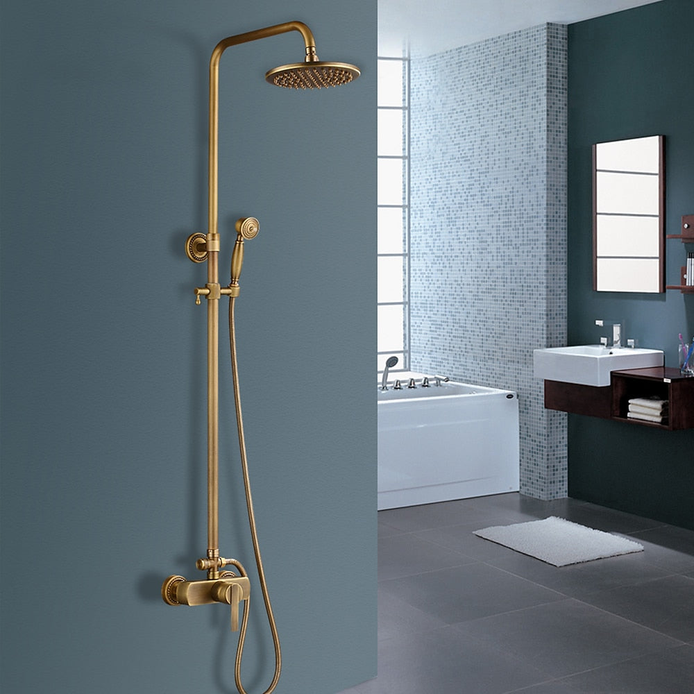 Antique Brass Wall-Mount Rainfall Shower System, Single-Handle Shower Faucet Set with Handheld Shower