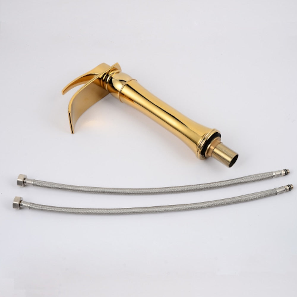 Polished Gold Waterfall Vessel Sink Faucet, Single-Handle Brass Bathroom Faucet