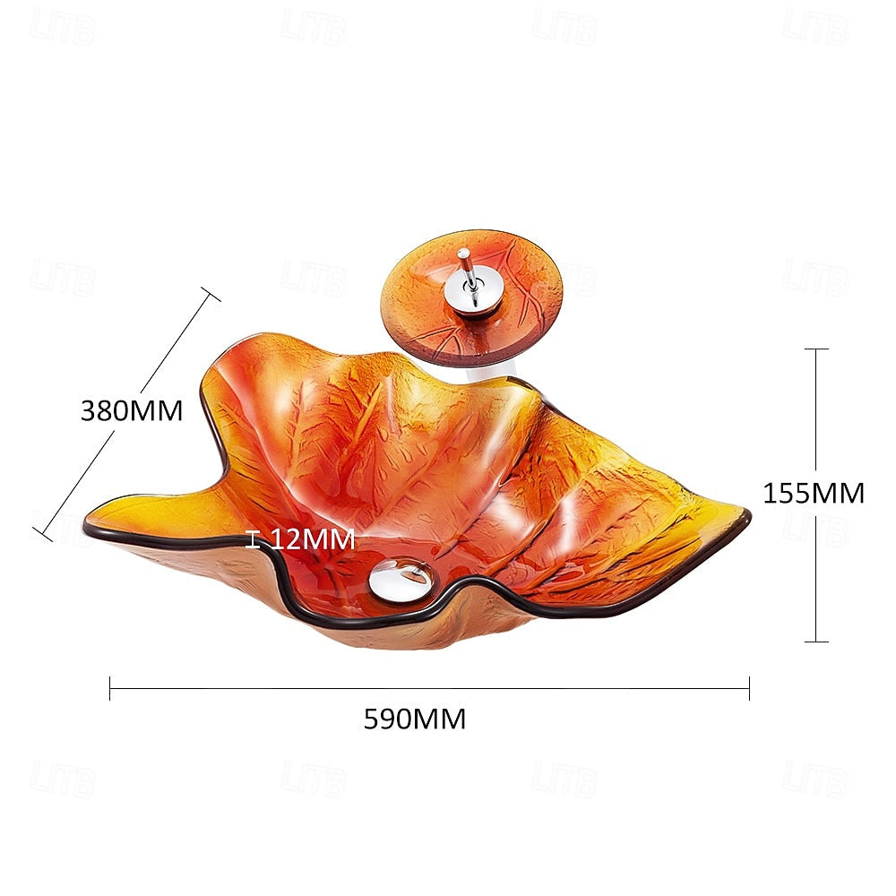 Modern Leaf-Shaped Glass Vessel Sink, Single-Handle Waterfall Spout Faucet Combo with Pop-Up Drain, Multi- / Bronze / Black / Gold