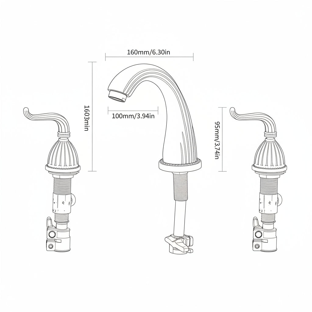 Bronze faucet with measurements on a white background