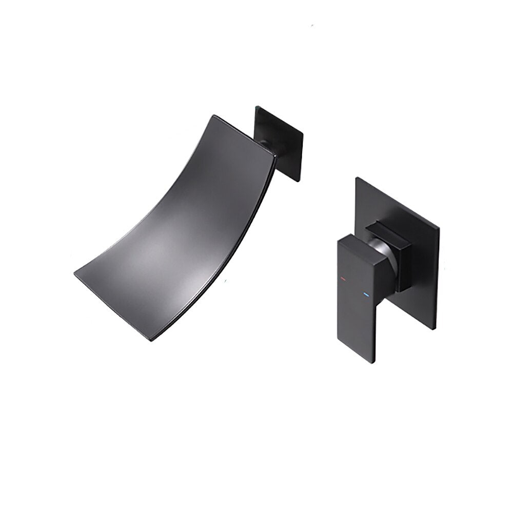 Matte Black Waterfall Wall-Mount Bathroom Faucet, Single-Handle Brass Basin Faucet with Rough-In Valve