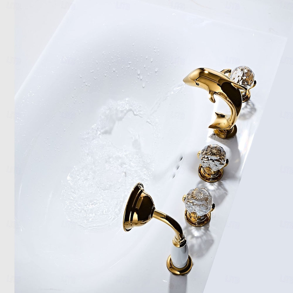 Polished Gold Dolphin Roman Tub Faucet, 5-Hole Deck-Mount Tub Filler with Handheld Shower / Crystal Knob Handles