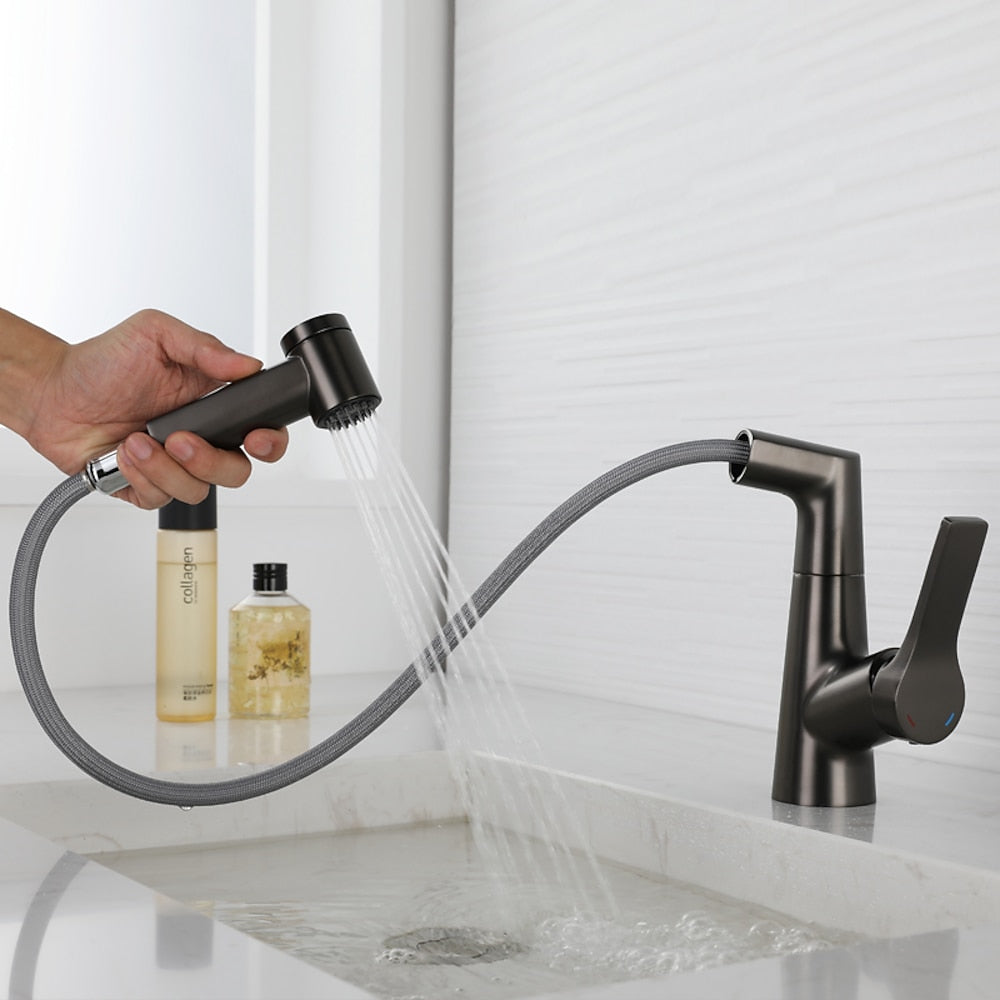 Pull-Out Single-Hole Bathroom Faucet, Single-Handle Brass Faucet, Brushed Gold / Chrome / Matte Black / Gunmetal