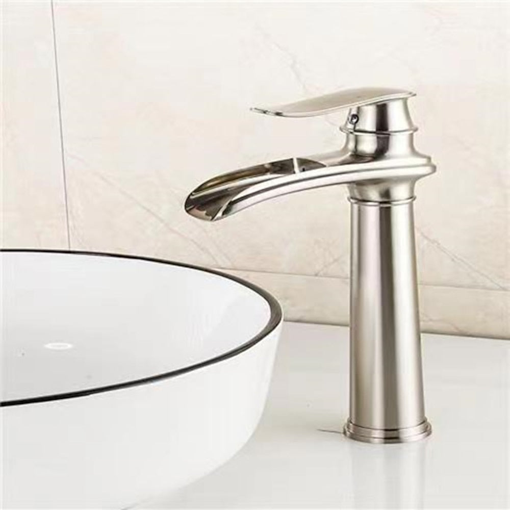 Waterfall Single-Hole Bathroom Faucet, Single-Handle Brass Faucet, Chrome / Matte Black / Brushed Nickel / Antique Brass / PVD
