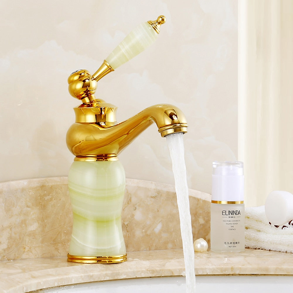 Jade Insert Bathroom Faucet, Modern Single-Hole Single-Handle Brass Faucet, Gold / White / Black