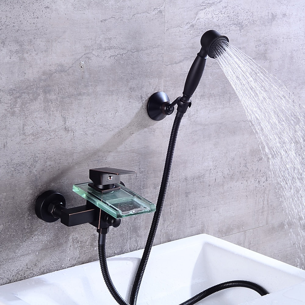 Waterfall Modern Wall-Mount Bathtub Faucet, Single-Handle Tub Filler Faucet with Handheld Shower, Oil-Rubbed Bronze / Chrome