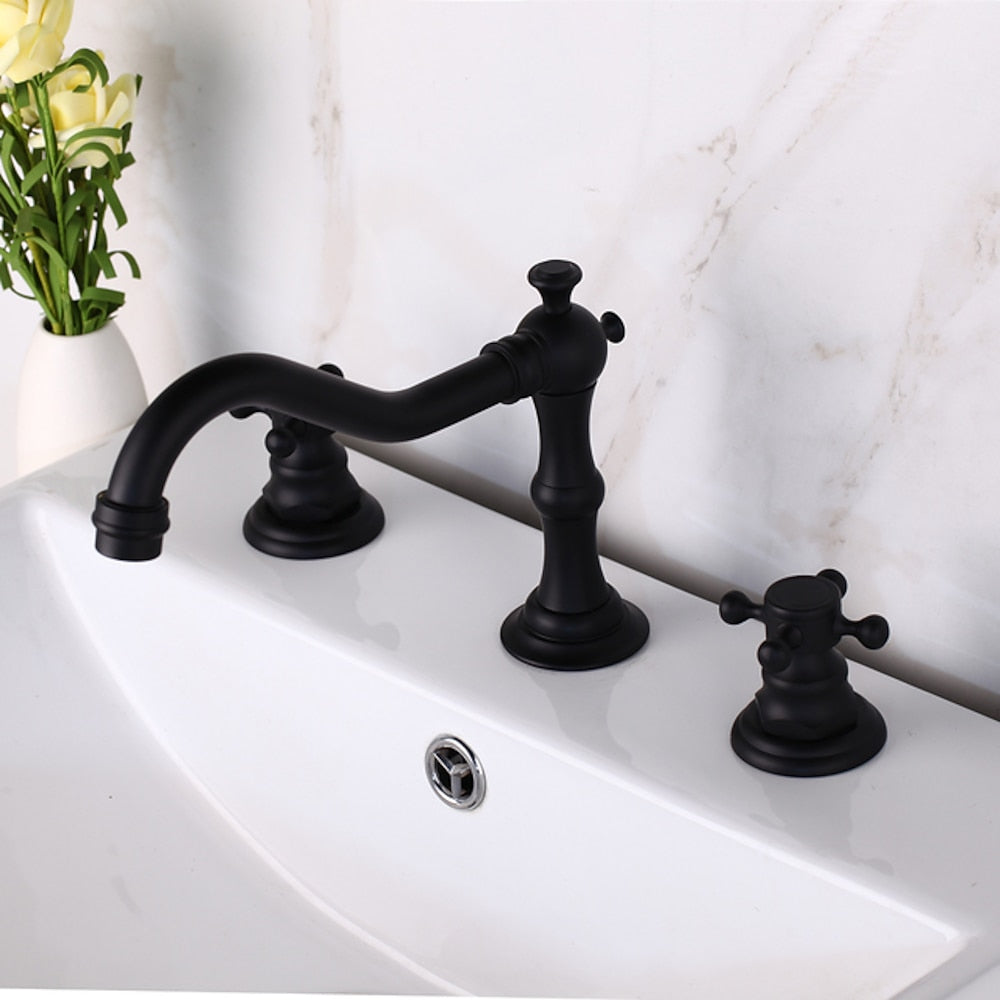 Traditional Brass Widespread Bathroom Faucet, Dual Cross Handle Vanity Faucet, Antique Brass / Brushed Nickel / Chrome / Oil-Rubbed Bronze / Matte Black