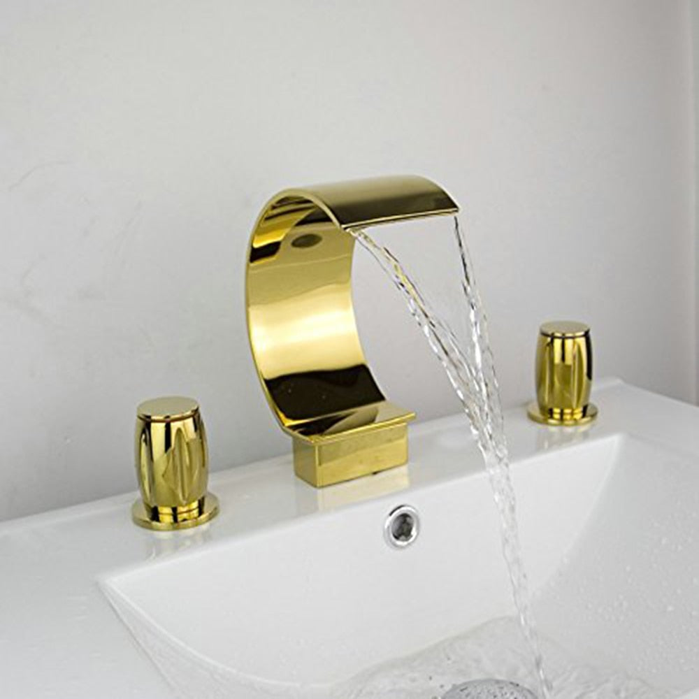Waterfall Modern Bathroom Faucet, 3-Hole Widespread Dual-Handle Brass Faucet, Chrome / Matte Black / Brushed Nickel / Polished Gold
