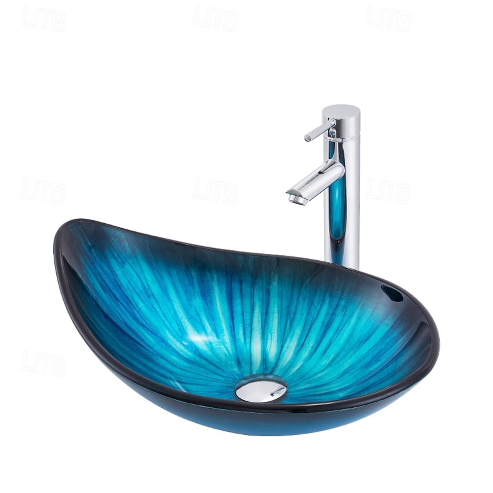 Modern Tempered Glass Vessel Sink, Single-Handle Chrome Waterfall Faucet Combo