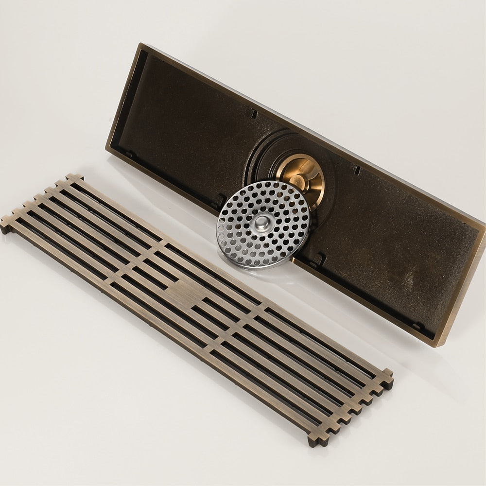 Brushed Bronze Brass Linear Shower Drain, Deodorizing Rectangular Floor Drain with Hair Strainer