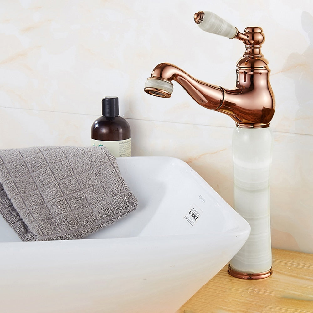 Pull-Out Vintage Single-Hole Bathroom Faucet, Single-Handle Brass Faucet, Rose Gold