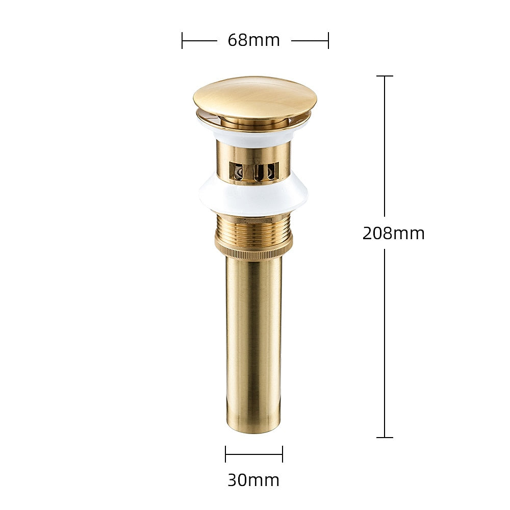 Brushed Gold Modern Brass Pop-Up Bathroom Sink Drain Stopper, Vessel Vanity Basin Drain with Overflow
