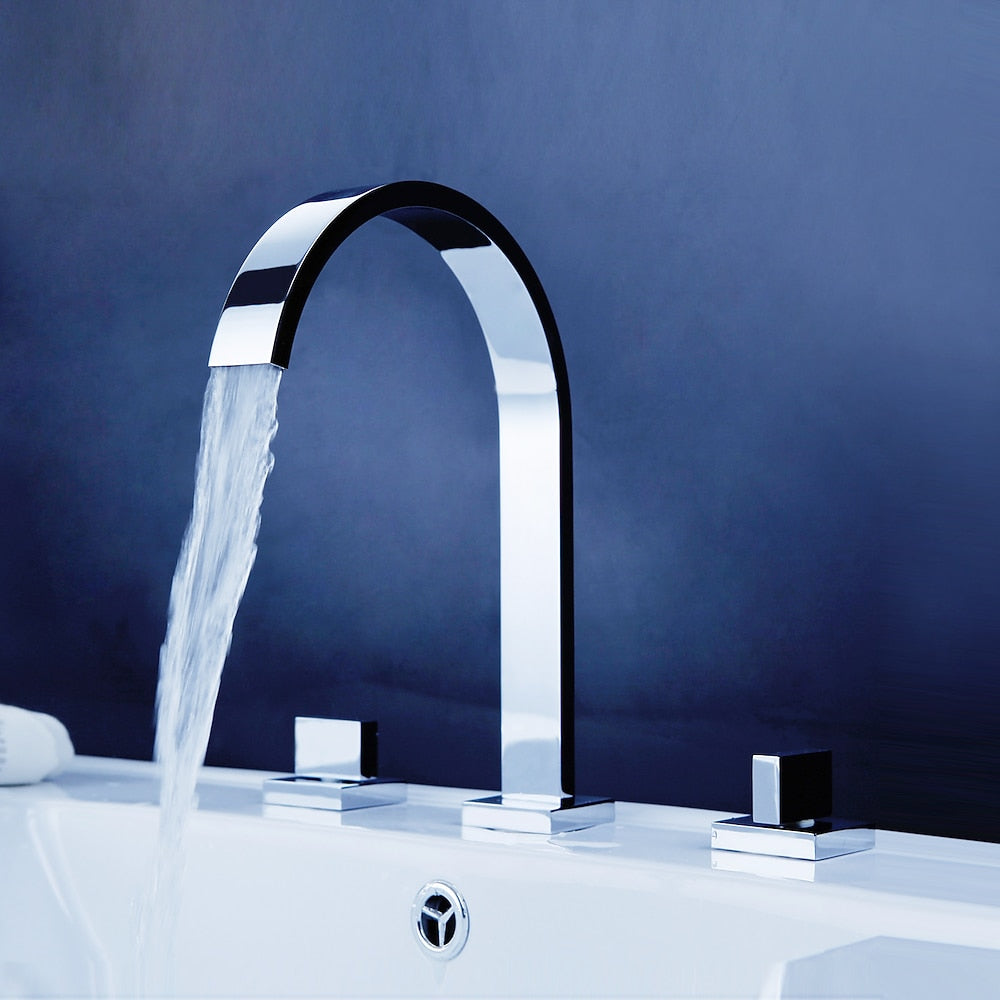 Chrome Modern Waterfall Bathroom Faucet, Widespread Dual-Handle Faucet