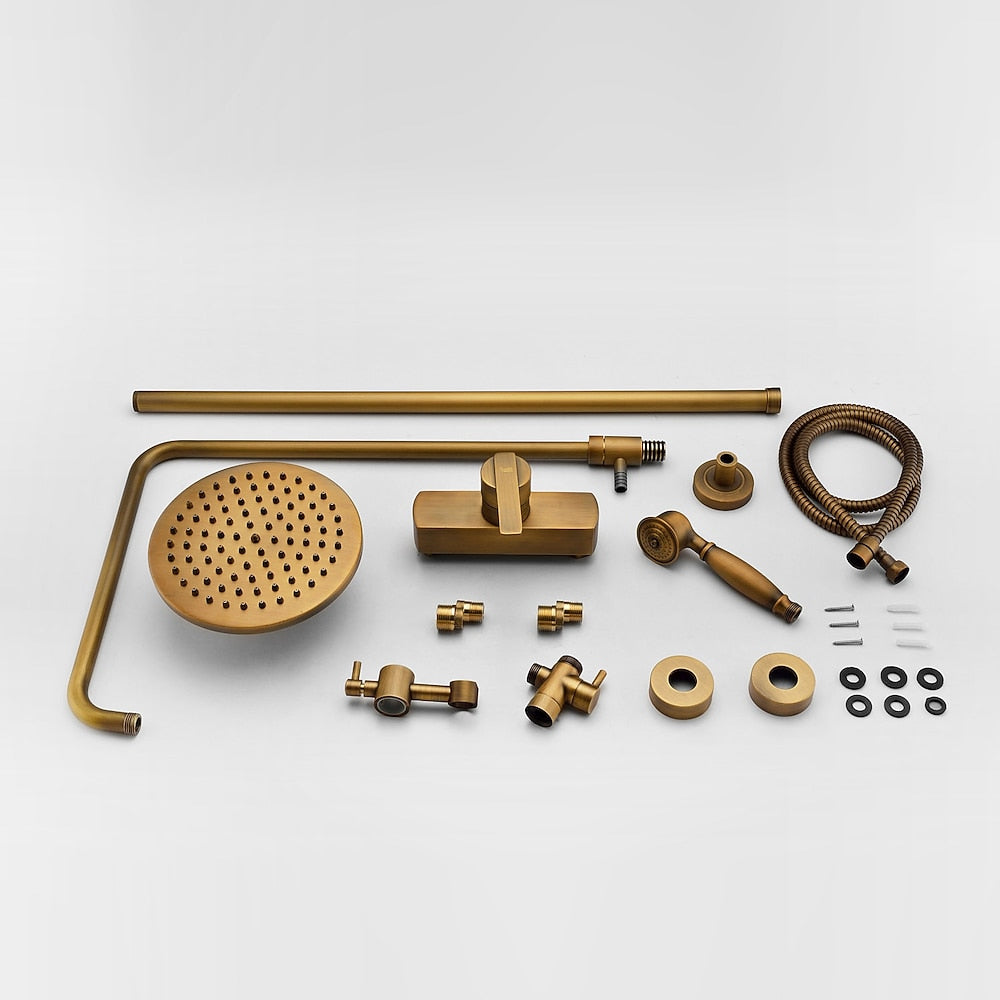 Traditional Antique Brass Wall-Mount Shower System, Single-Handle Exposed Pipe Faucet with 8-Inch Rainfall Shower Head, Handheld Sprayer