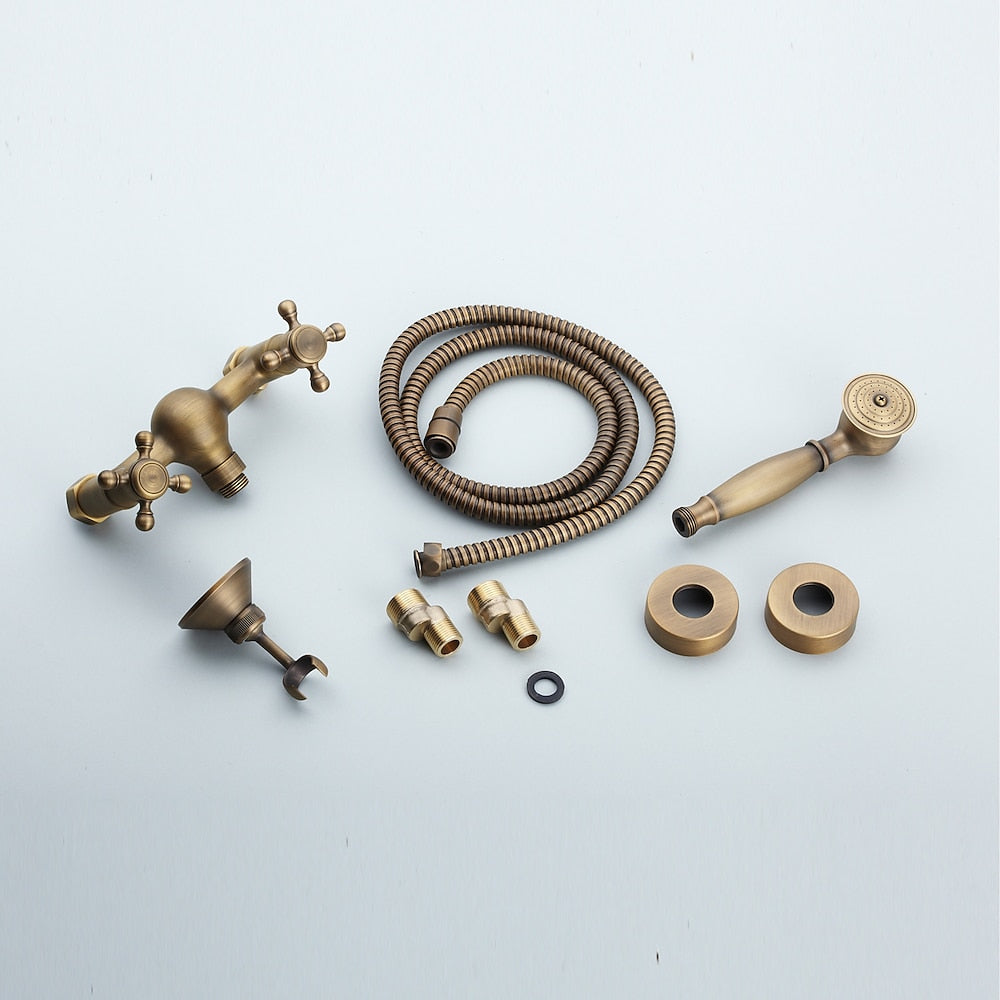 Antique Brass Retro Wall-Mount Shower Faucet, Dual-Handle Brass Faucet with Handheld Shower