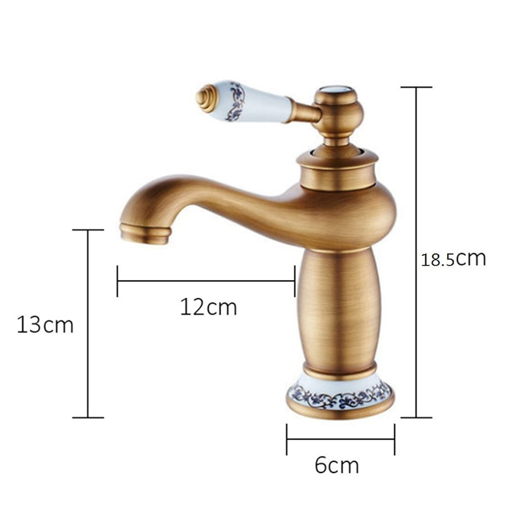 Vintage Single-Hole Bathroom Faucet, Single-Handle Brass Faucet with Ceramic Floral Base, Antique Brass / Chrome / Polished Gold / Matte Black