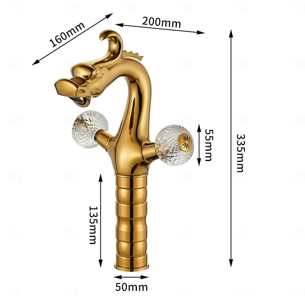 Polished Gold Dragon Bathroom Faucet, Single-Hole Double Crystal Knob Handle Faucet