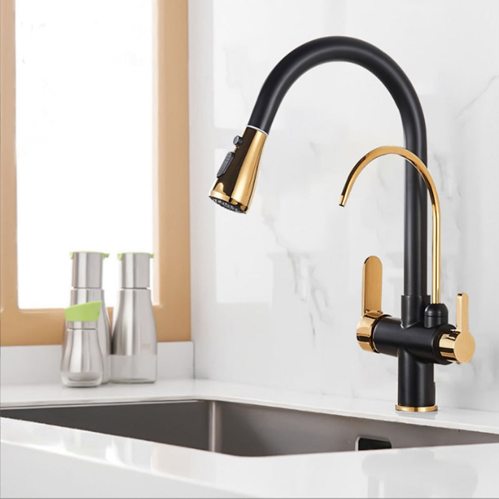 Modern 3-Way Pull-Down Kitchen Faucet, Dual-Handle Swivel Gooseneck Faucet, Gunmetal / Matte Black / Chrome / Matte White / Two-Tone / Antique Brass / Brushed Gold / Brushed Nickel