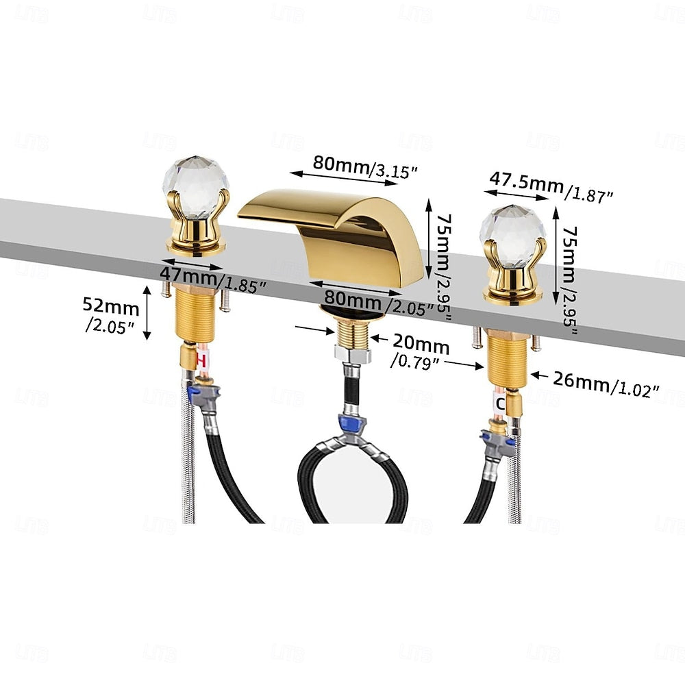 Polished Gold LED Waterfall Bathroom Faucet, Modern 3-Hole Widespread Double-Handle Faucet