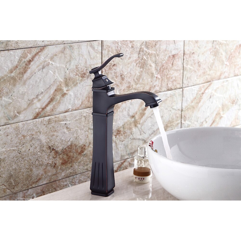 Oil-Rubbed Bronze Modern Tall Vessel Faucet, Single-Hole Bathroom Faucet with Pop-Up Drain