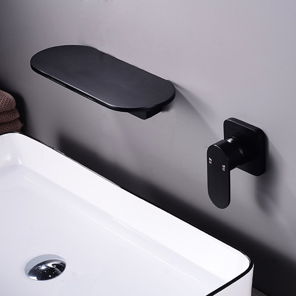 Waterfall Wall-Mount Bathroom Faucet, Single-Handle Brass Sink Faucet, Matte Black / Matte White