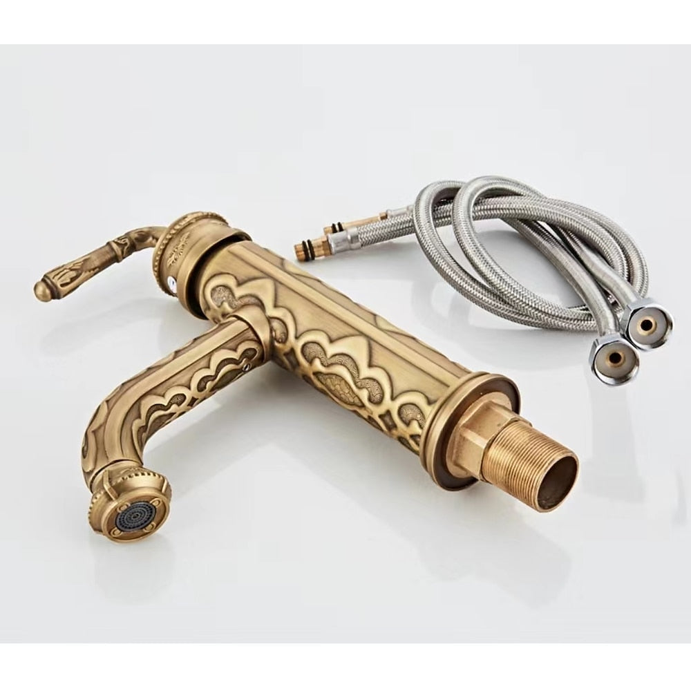 Antique Brass 360-Degree Swivel Spout Vintage Bathroom Faucet, Single-Handle Single-Hole Basin Faucet with Water Inlet Hoses