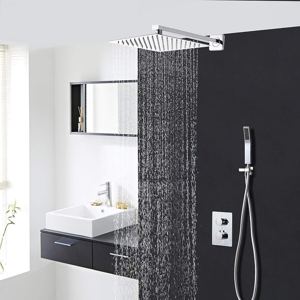 Chrome Wall-Mount Shower System, Thermostatic Dual-Handle Shower Faucet with Handheld Shower