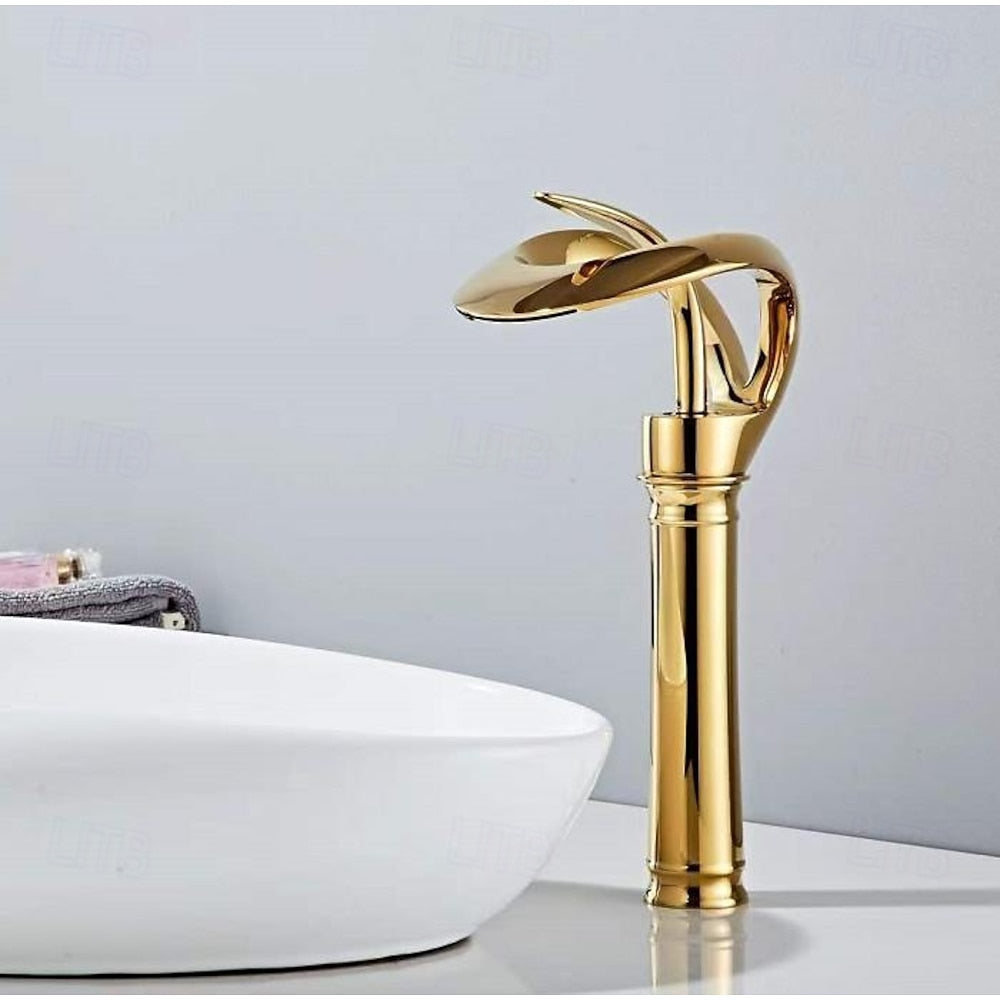 Waterfall Single-Hole Bathroom Faucet, Single-Handle Brass Vessel Sink Faucet, Matte Black / Chrome / Brushed Gold / Matte White / Gunmetal