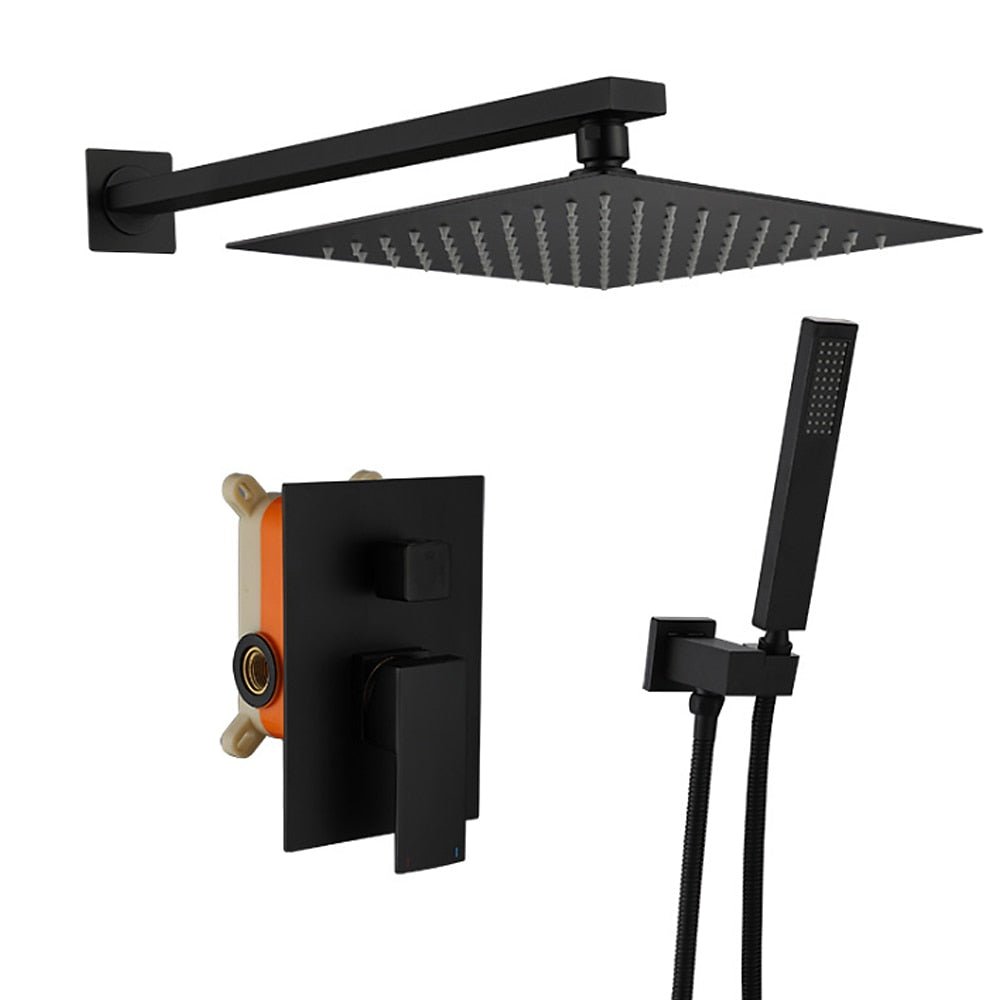 Matte Black Wall-Mounted Rainfall Shower System, Concealed Shower Faucet Set with Handheld Shower