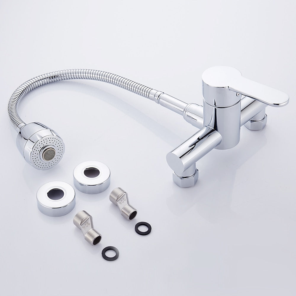Flexible Spout Chrome Wall-Mount Kitchen Faucet, Modern Single-Handle Brass Faucet