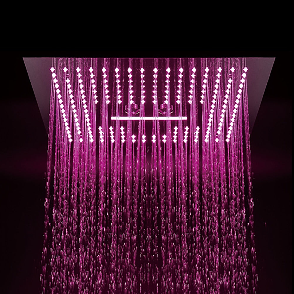 Chrome LED Waterfall Ceiling-Mount Shower Head, Large Square Stainless Steel Shower Head