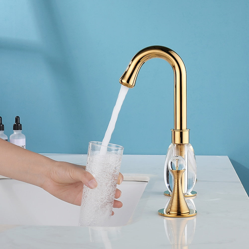 Polished Gold Modern Widespread Bathroom Faucet, High Arc Dual Crystal Knob Faucet