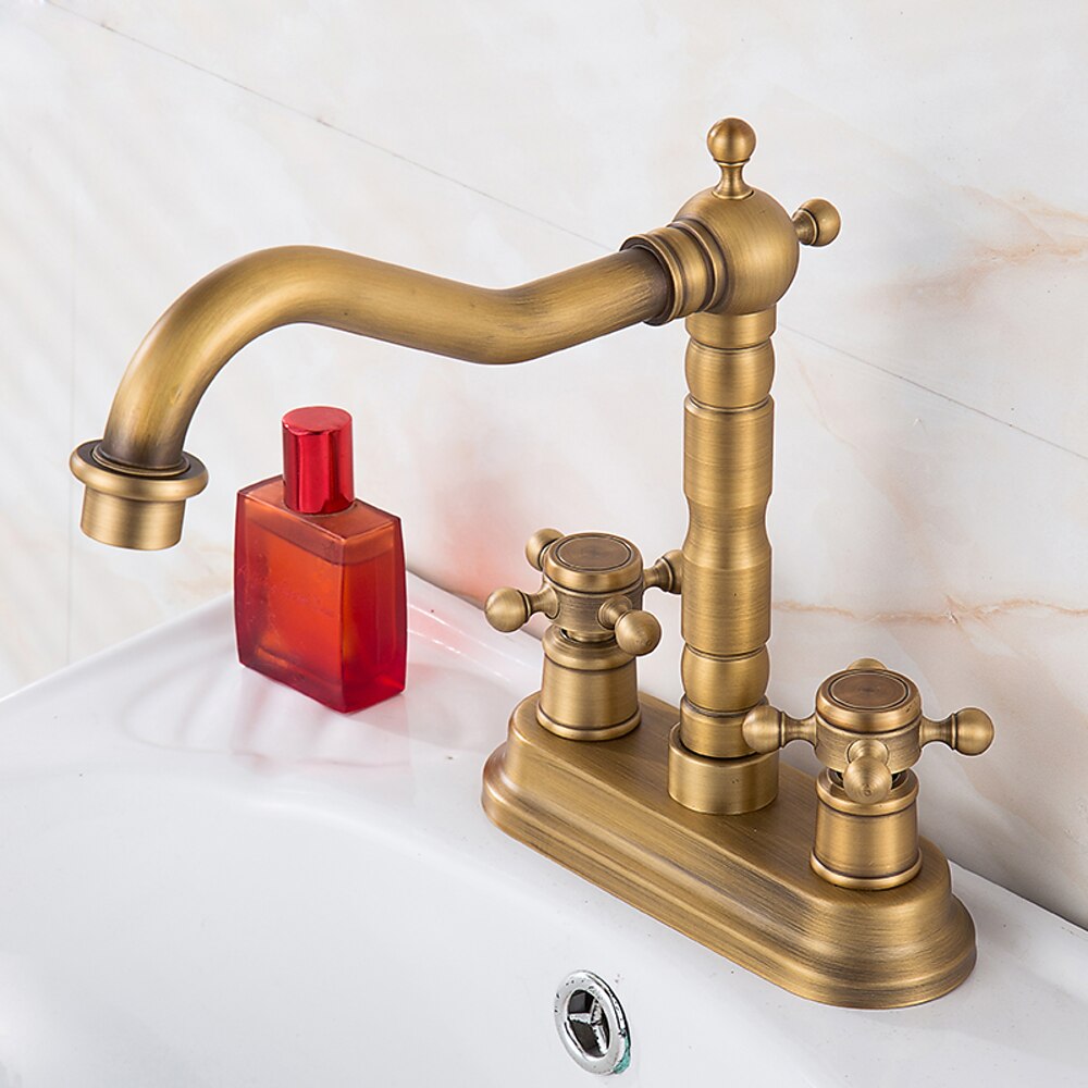 Antique Brass Swivel Spout Bathroom Faucet, Vintage Double-Handle Centerset Faucet
