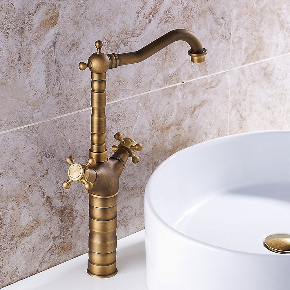 Antique Brass Vessel Sink Faucet, Traditional Double Handle Swivel Faucet with Pop-Up Drain