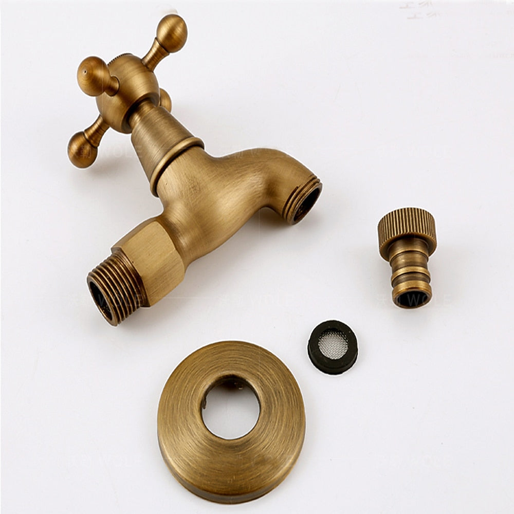 Antique Brass Retro Wall-Mount Outdoor Faucet, Single-Handle Brass Washing Machine Tap with Detachable Hose Connector