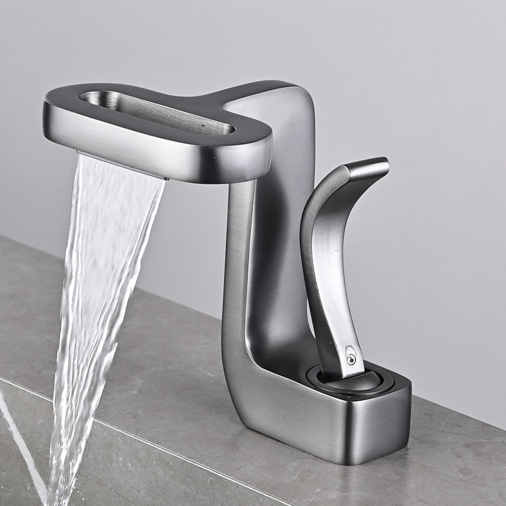 Waterfall Single-Hole Bathroom Faucet, Single-Handle Brass Vanity Faucet