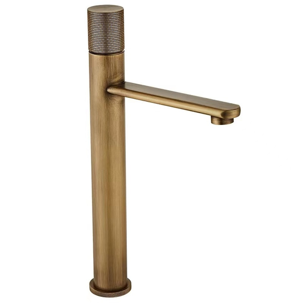 Antique Brass Single-Hole Bathroom Faucet, Knurled Single Knob Basin Faucet with Water Inlet Hoses