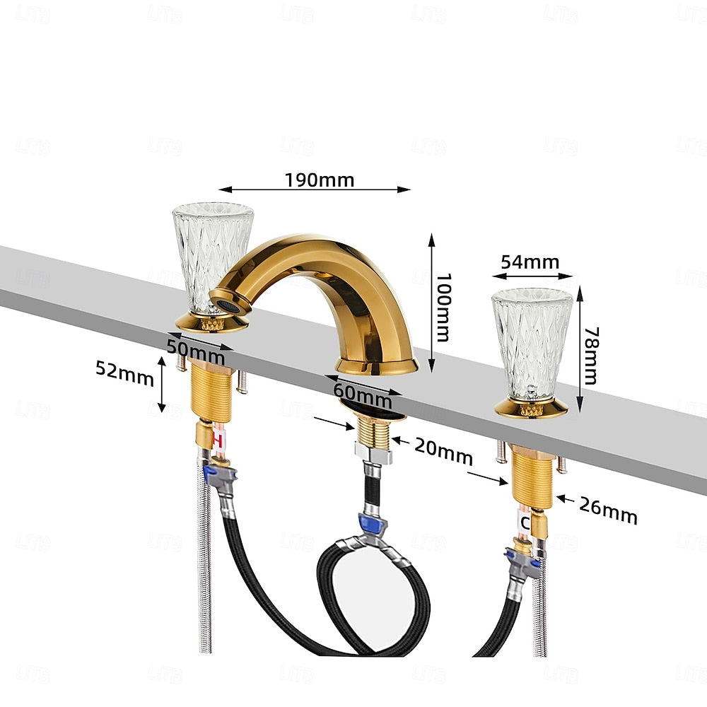 Polished Gold Modern Bathroom Faucet, Dual Crystal Knob Widespread Faucet