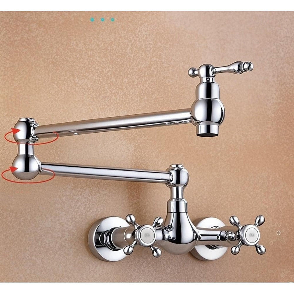Wall-Mount Double-Jointed Folding Bathroom Faucet, Triple-Handle Brass Faucet, Antique Brass / Brushed Nickel / Chrome