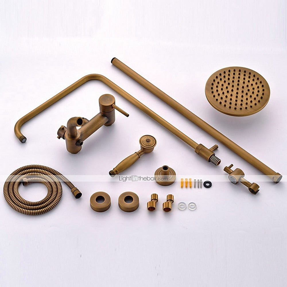 Antique Brass Vintage Wall-Mount Tub Shower System, Retro Rainfall Shower Faucet Set with Handheld Sprayer