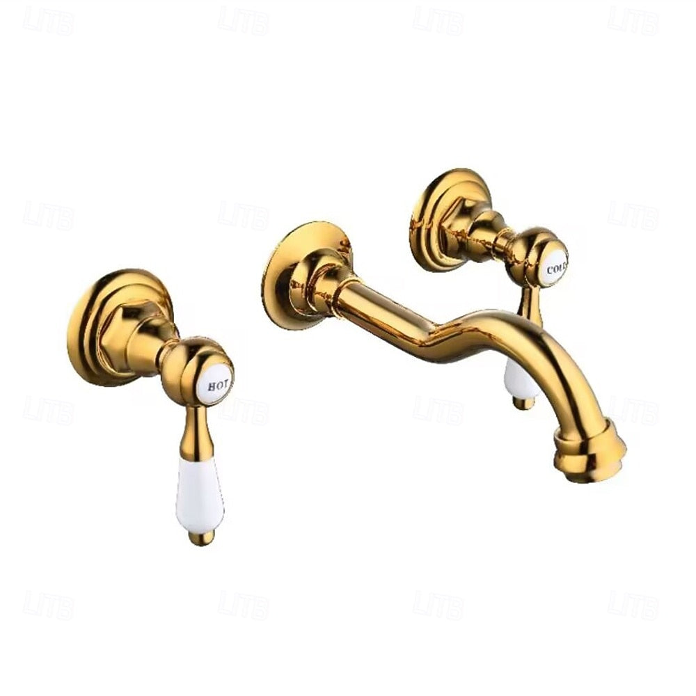 Vintage Wall-Mount Bathroom Faucet, 3-Hole Widespread Dual-Handle Faucet, Polished Gold / Chrome