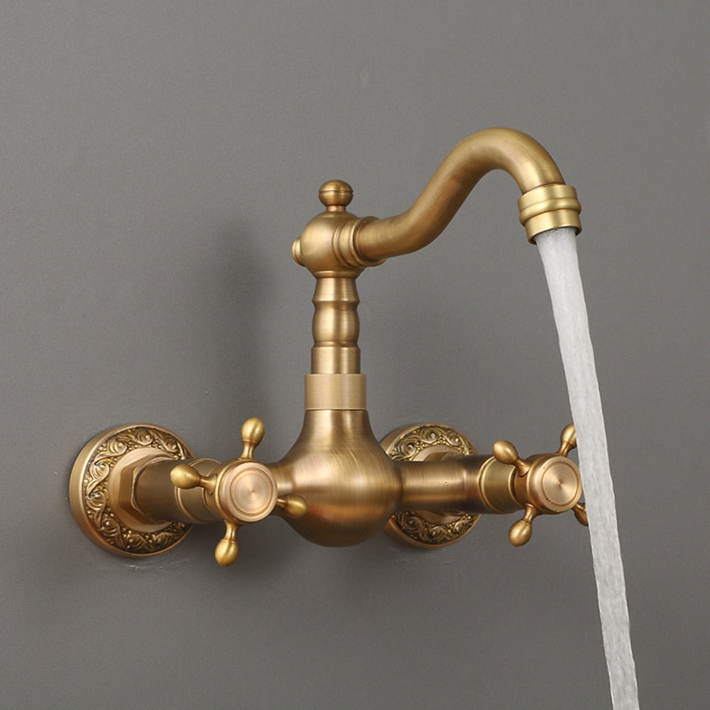 Traditional Antique Brass Wall-Mount Kitchen Faucet, Dual Cross Handle Brass Faucet with Swivel Spout