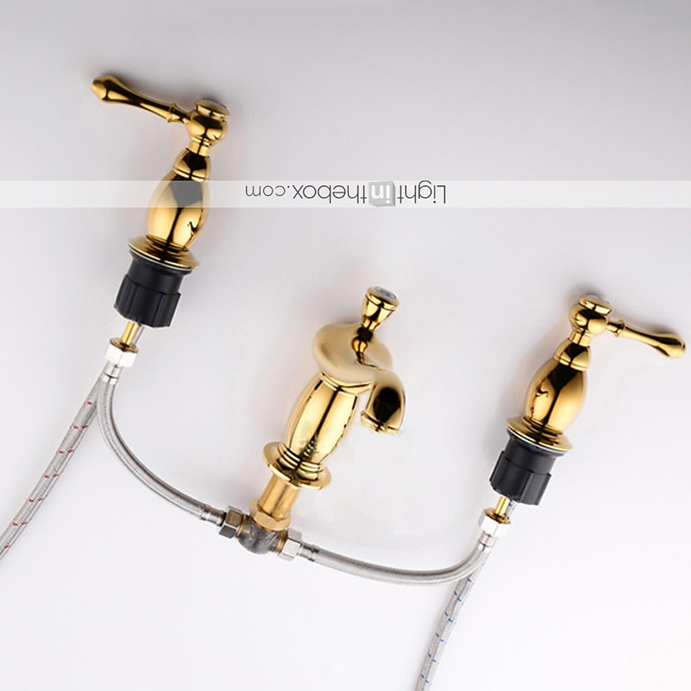 Polished Gold Vintage Widespread Bathroom Faucet, Dual-Handle Brass Sink Faucet